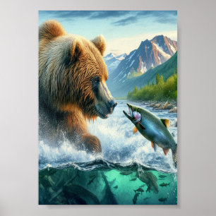 Grizzly Bears med lax av stålöring 5x7 Poster