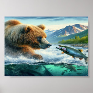 Grizzly Bears med lax av stålöring 7x5 Poster
