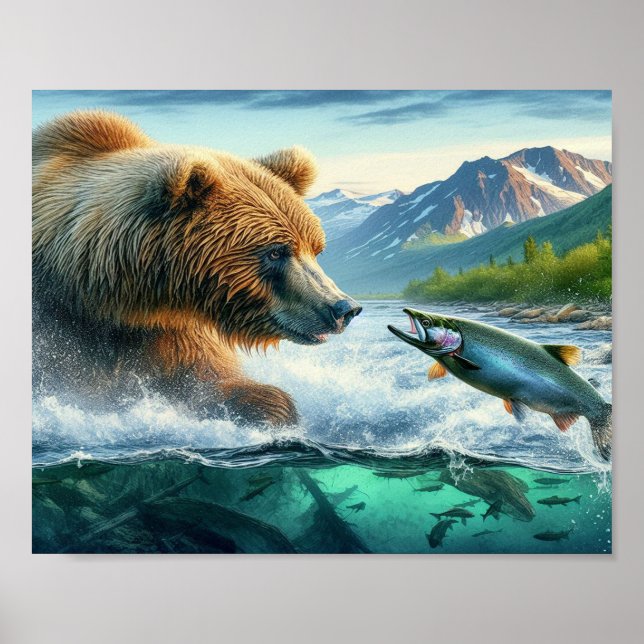 Grizzly Bears med lax av stålöring 8x10 Poster (Framsidan)