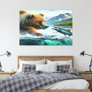 Grizzly Bears med lax av stålöring Canvastryck