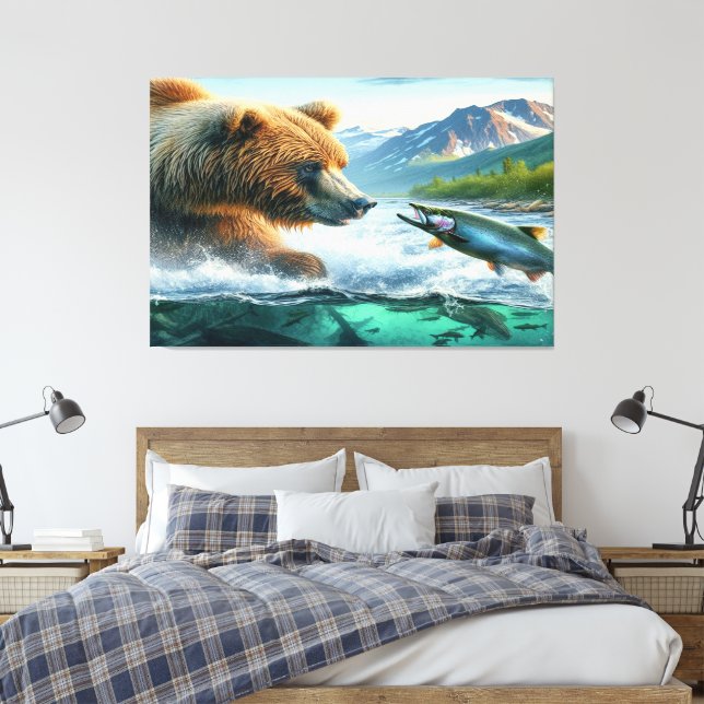 Grizzly Bears med lax av stålöring Canvastryck (Insitu (sovrum))