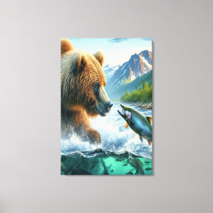 Grizzly Bears med lax av stålöring Canvastryck