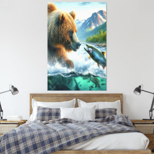 Grizzly Bears med lax av stålöring Canvastryck