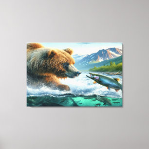 Grizzly Bears med lax av stålöring Canvastryck