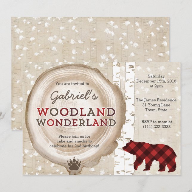 Grizzly björnlumberjack plaid födelsedagsfest inbjudningar (Fram/baksida)