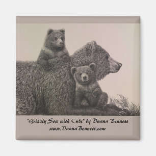 "Grizzly Sow with Unge" teckning på en magnet