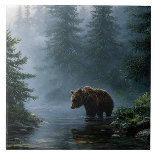 Grizzlybjörn dimma skog kakelplatta