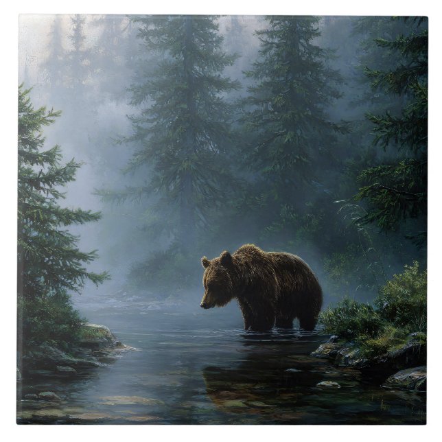 Grizzlybjörn dimma skog kakelplatta (Framsidan)