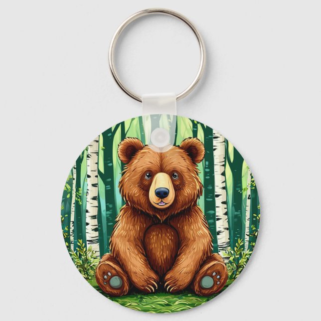 Grizzlybjörn i en björkskog nyckelring (Framsida)