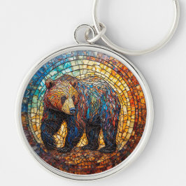 Grizzlybjörn i konstnärlig design rund silverfärgad nyckelring