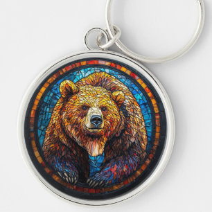 Grizzlybjörn i konstnärlig design rund silverfärgad nyckelring