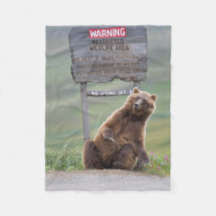 Grizzlybjörn leker med skylt fleecefilt