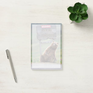Grizzlybjörn leker med skylt post-it block