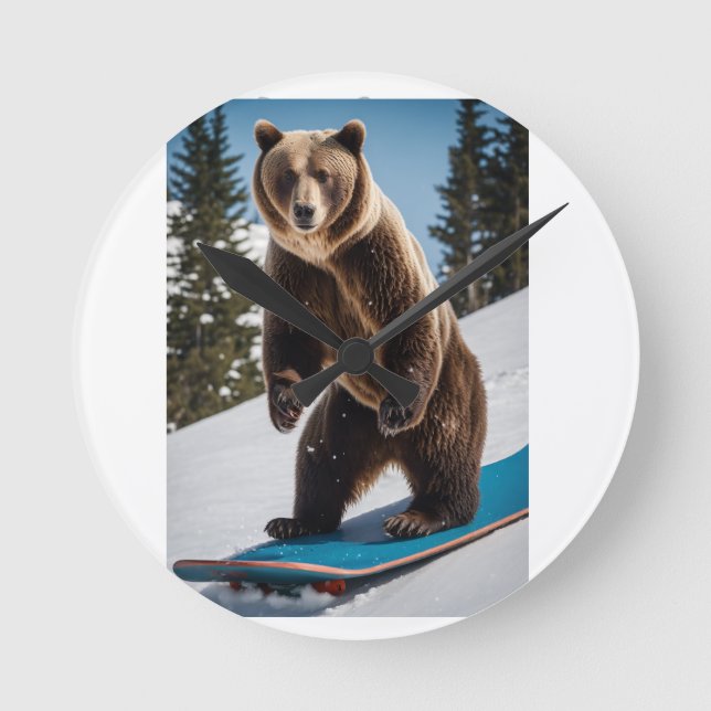Grizzlybjörn snowboardåkning i vinterutrustning rund klocka (Framsida)