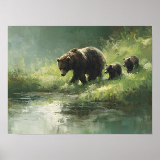 Grizzlybjörnfamilj vid floden poster