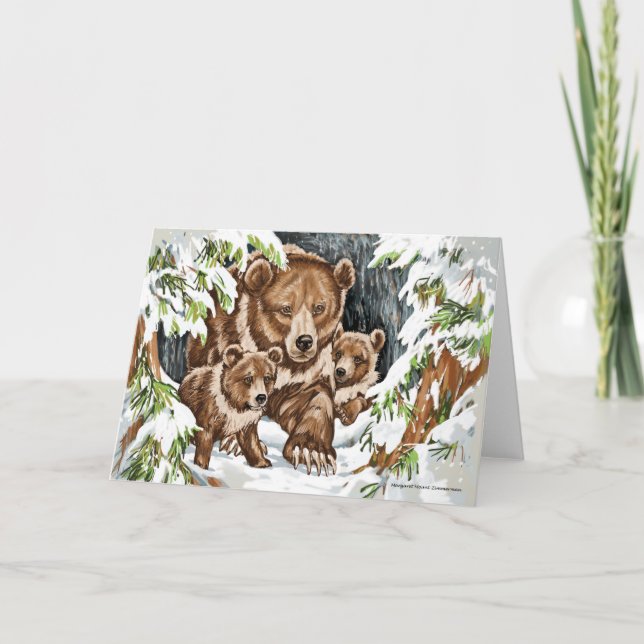 Grizzlybjörnmor och ungar i vinter kort (Framsida)