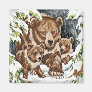 Grizzlybjörnmor och ungar i vinter magnet