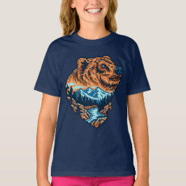 Grizzlybjörnshuvud Siluett Berg Skog Flod T Shirt