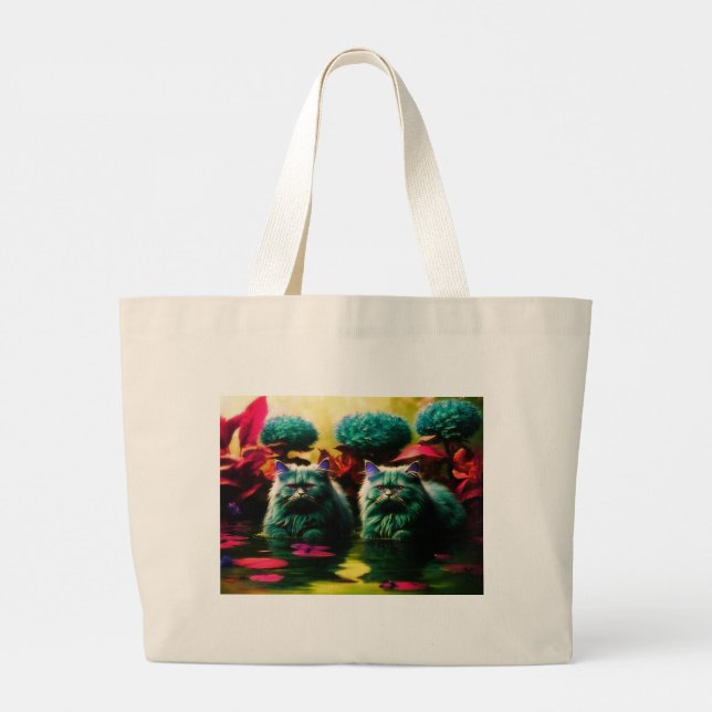 Grocery Bag with Cat Illustration Jumbo Tygkasse (Baksida)
