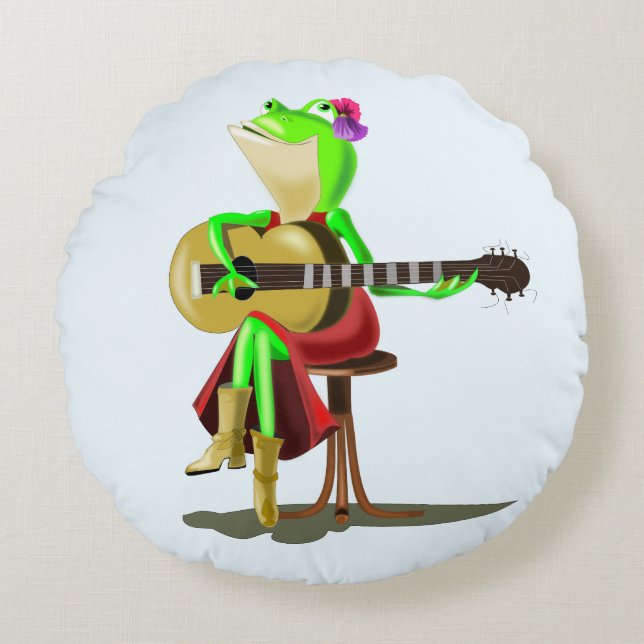 Grod som spelar Guitar Funny Round Pillow Rund Kudde (Framsidan)