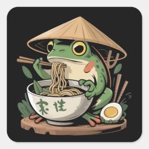 Groda äter Ramen Kawaii Neko Japanska nudlar Fyrkantigt Klistermärke