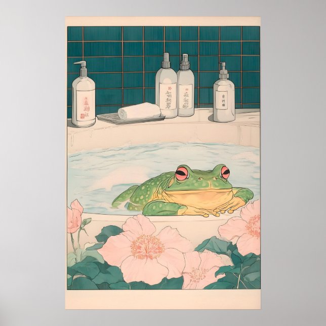 Groda i badkar konsttryck Japandi badrumsvägg Poster (Framsidan)