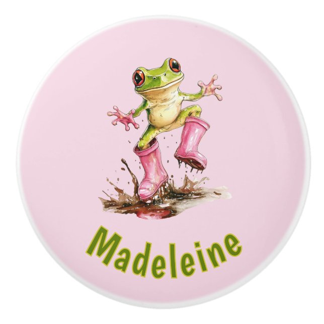 Groda i rosa regnstövlar Monogram Pastell Barn Knopp (Framsidan)
