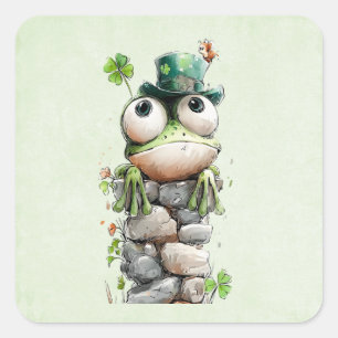 Groda med grön hatt och shamrock söt fyrkantigt klistermärke