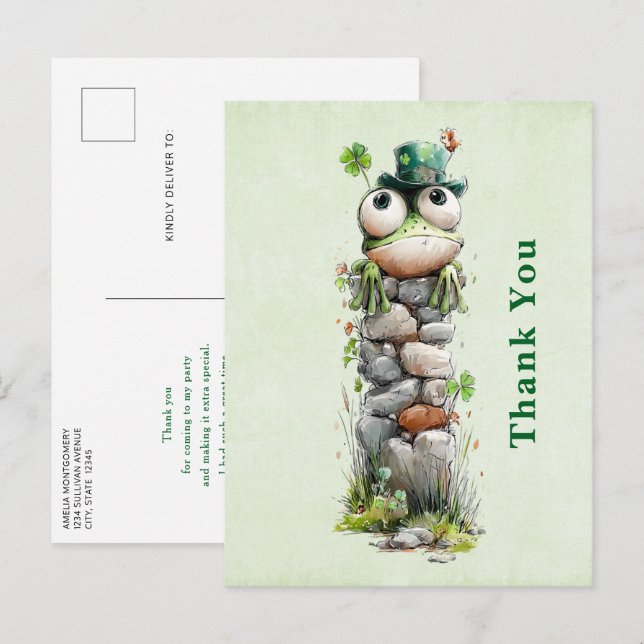 Groda med grön hatt och shamrock Söt Tack Vykort (Fram/baksida)