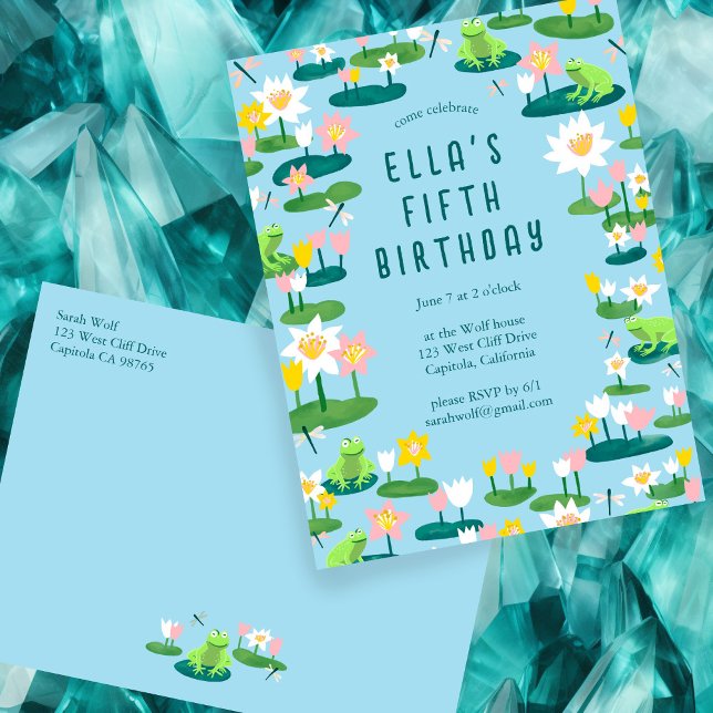 Groda & Näckrosblad ANPASSAD FÖDELSEDAGSFEST INVIT Vykort (Frogs and Lily Pads Cute CUSTOM BIRTHDAY PARTY Invitation Postcard
)