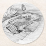 groda på Lily Pad Underlägg Papper Rund<br><div class="desc">Frog sitter på liljepalten i sjö</div>