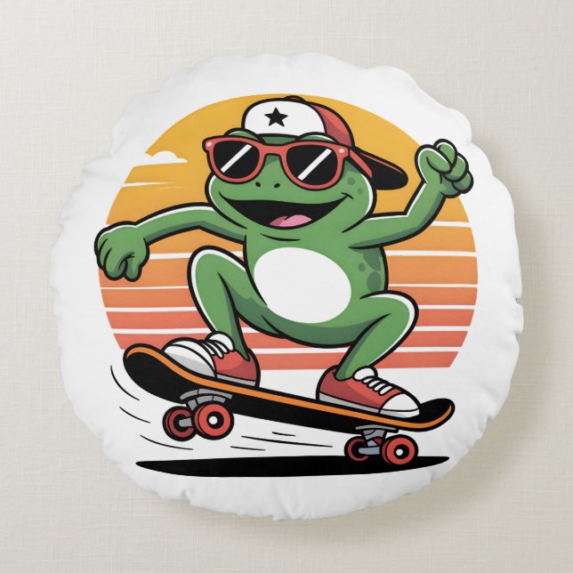 Groda på skateboard rund kudde (Framsidan)