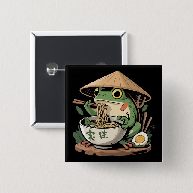 Groda som äter Ramen Kawaii Neko Japanska Nudlar  Knapp (Framsida & baksida)