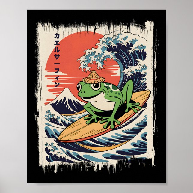 Groda Surfande Stora Vågen Japansk Ukiyo-e Mount F Poster (Framsidan)