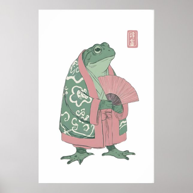 Groda Väggkonsttryck, Kimono och Fläkt Illustratio Poster (Framsidan)