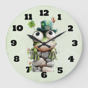 Grodan med grön hatt och shamrock söt stor klocka