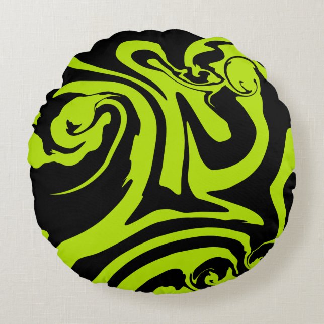 Grödgrön och svart reflexvirvel rund kudde (Framsidan)