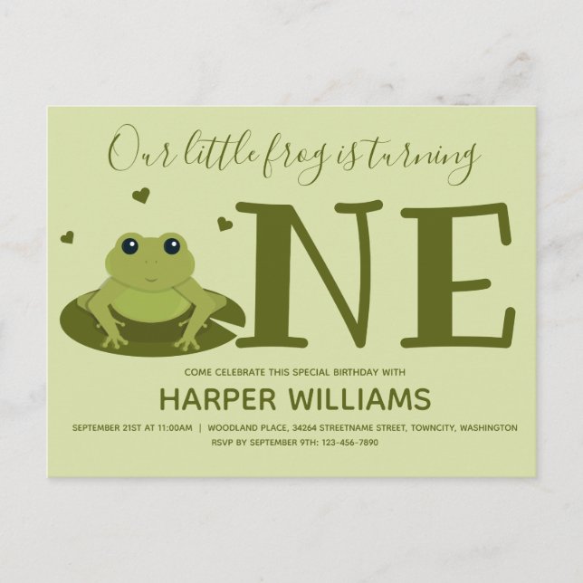 Grodling En Grönt djur första födelsedag Inbjudan Vykort (Framsida)