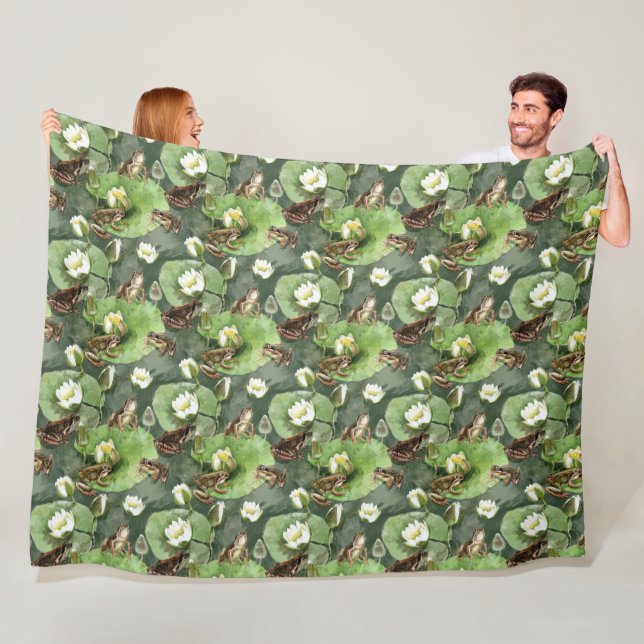 Grodor, grönt och vita liljor från vatten fleecefilt (På plats)