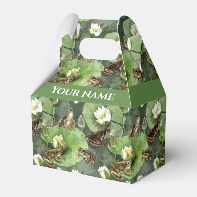 Grodor, grönt och vita liljor från vatten presentaskar (Framsidan Sidan)