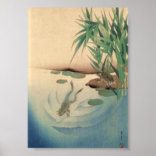 Grodor i ett damm, japansk konst circa 1800s poster