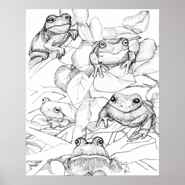 Grodor i Träd Löv Black White Bläck Art Poster (Framsidan)