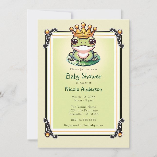 Grodprinsen i guld krona baby shower inbjudan (Framsida)