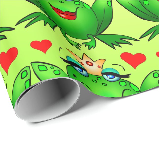 Grodprinsessa Hjärtan Glad Grön Presentpapper (Rullad Hörn)