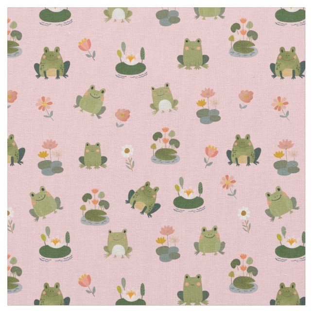 Grodykor & Näckrosblad på Ljusrosa Tyg (Närbild)