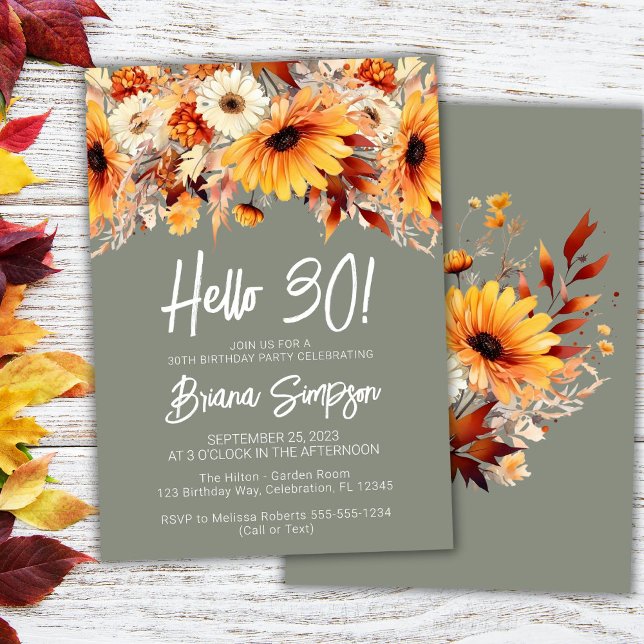 Grön 30-års födelsedags höstblomma fjäril inbjudningar (Skapare uppladdad)
