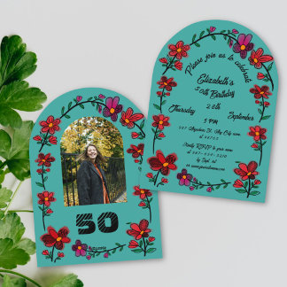 Grön 50-årsfestparty Whimsical Doodle Blommor Inbjudningar