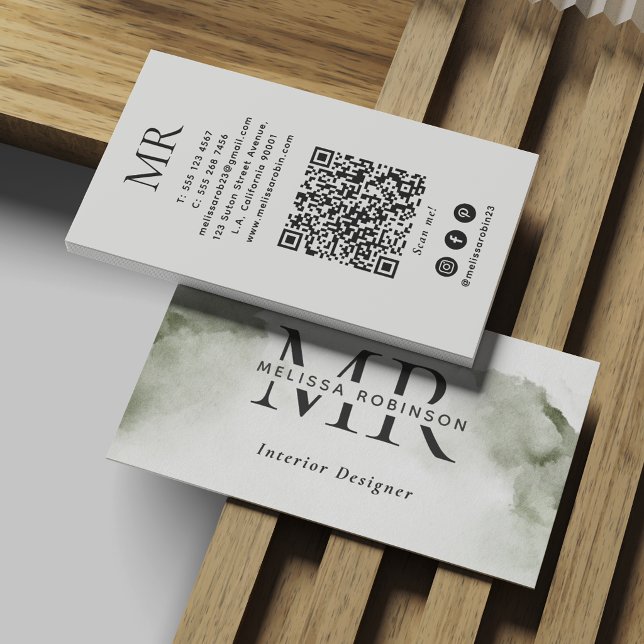 Grön Abstrakt Akvarell med Monogram & QR-kod Visitkort (Skapare uppladdad)