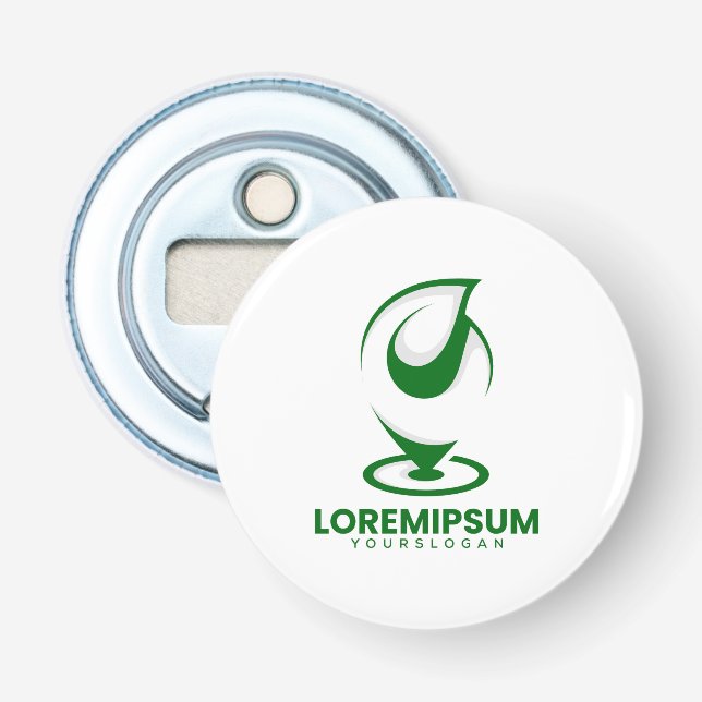 Grön abstrakt vattendroppe och glob logotyp flasköppnare (Framsidan)
