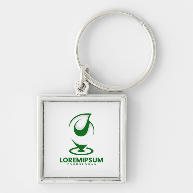 Grön abstrakt vattendroppe och glob logotyp fyrkantig silverfärgad nyckelring (Framsidan)